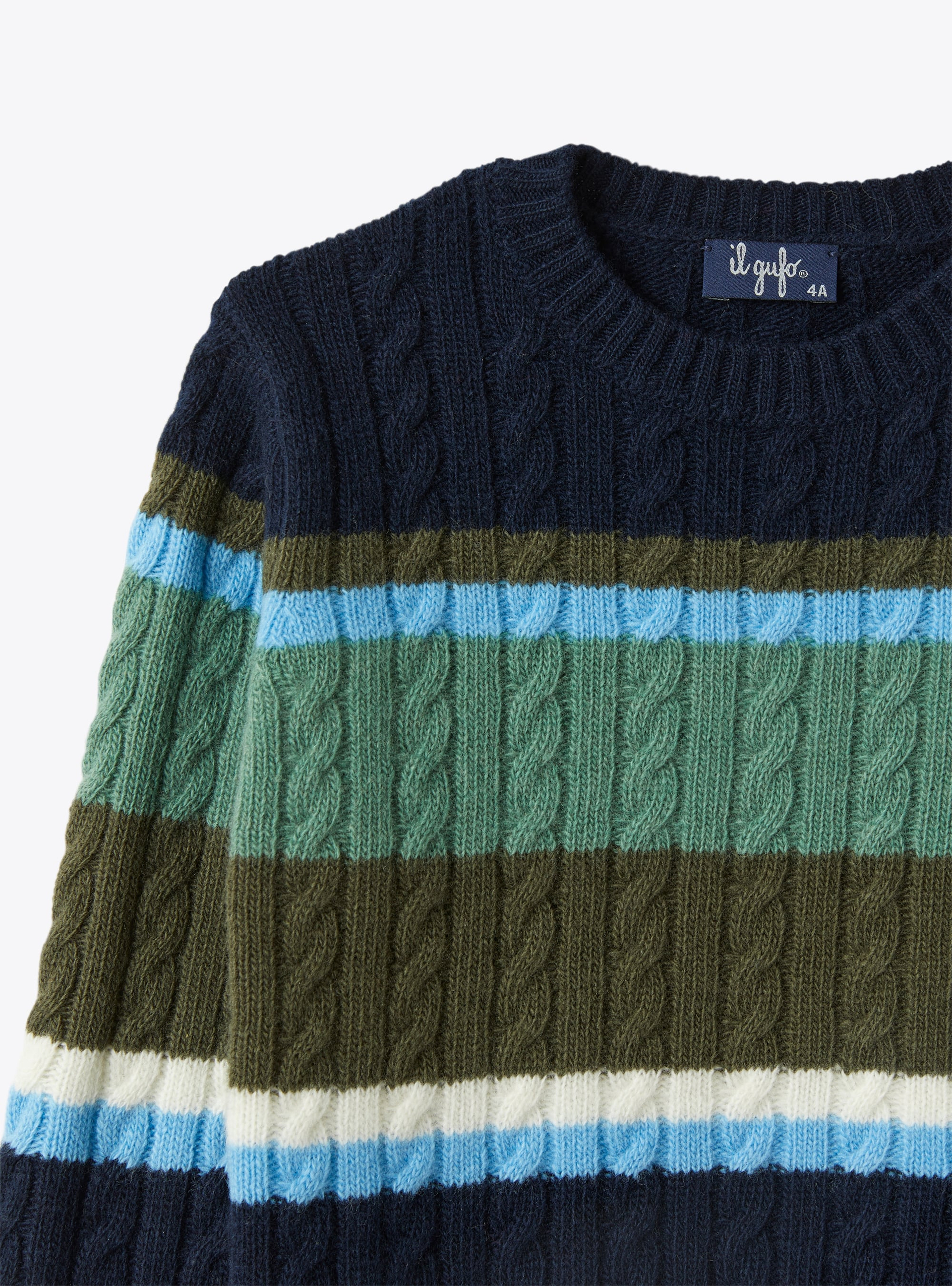 Cable-knit merino sweater with multicoloured stripes - Blue | Il Gufo
