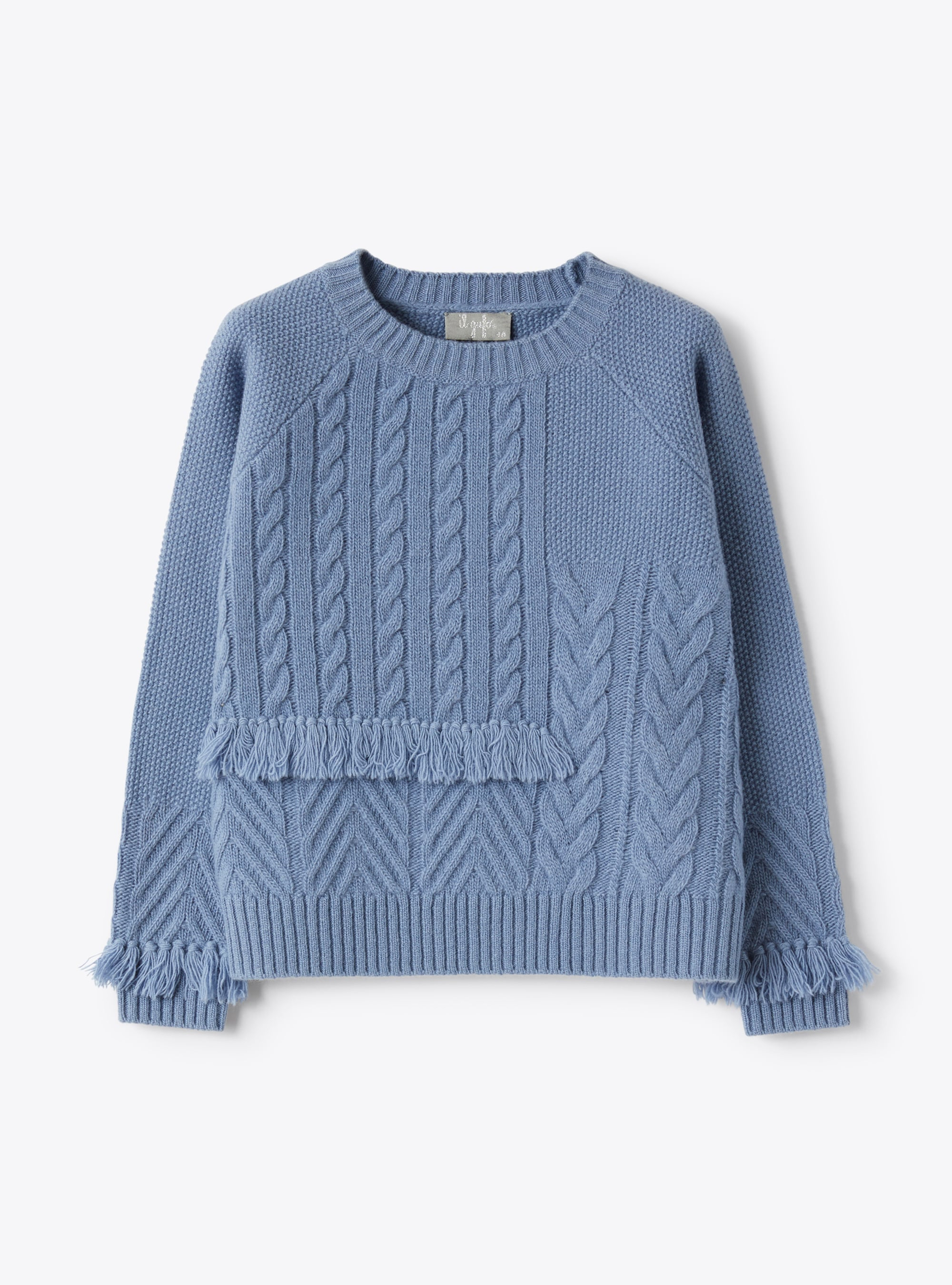 Round-neck sweater with cable patterning and fringed details - Light blue | Il Gufo