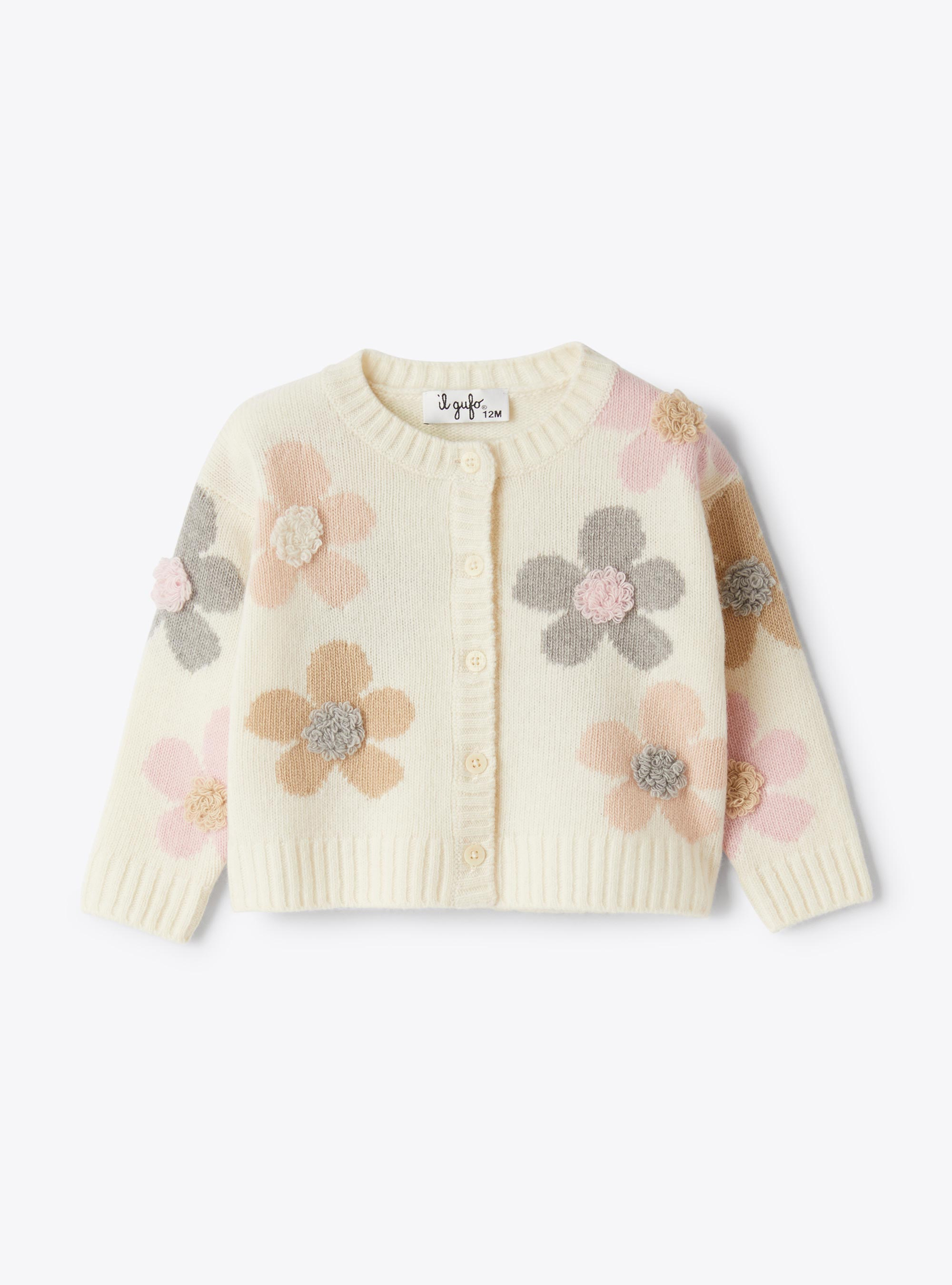 Wool cardigan with flowers - White | Il Gufo