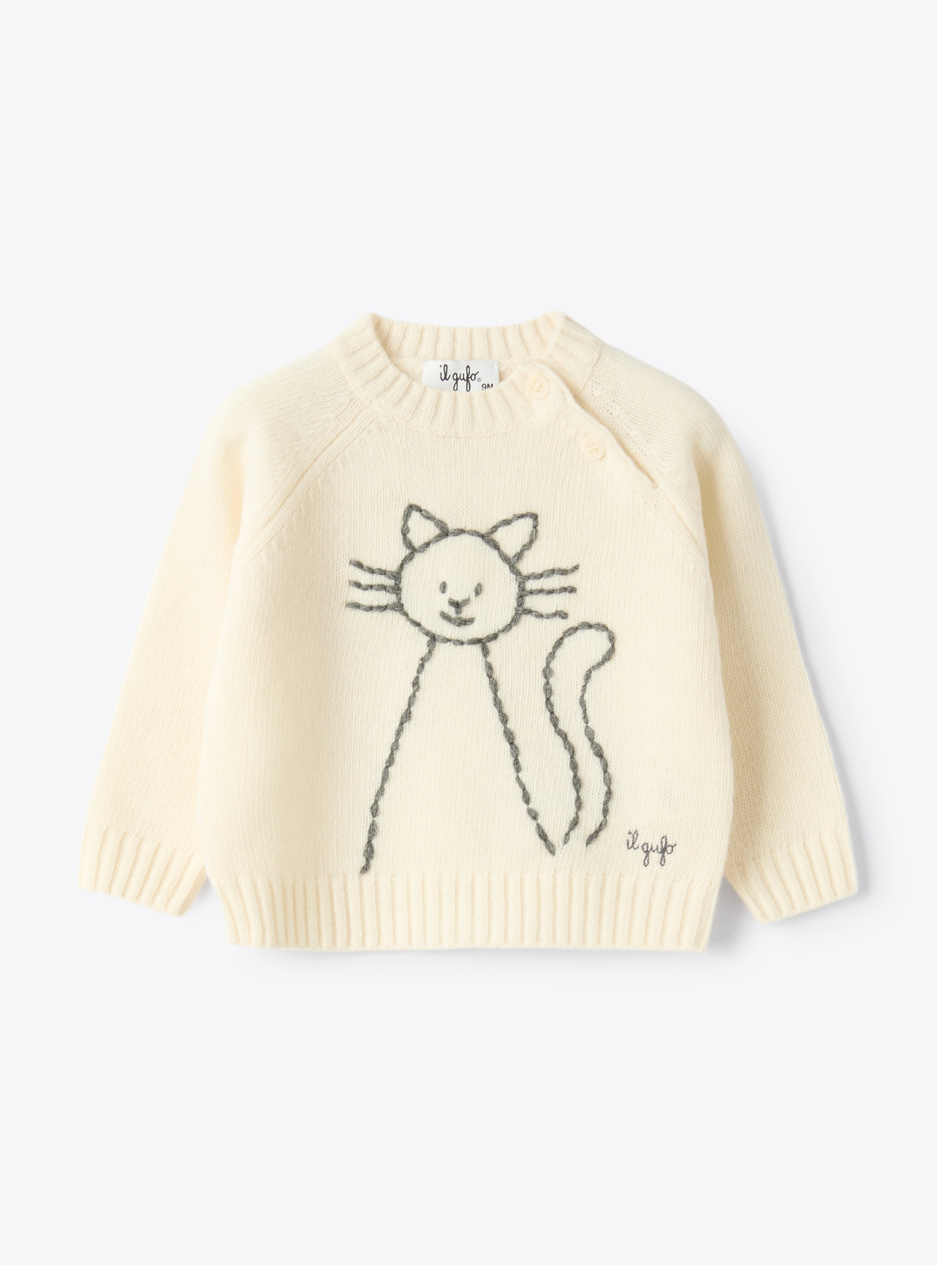 Wollpullover mit Katzenstickerei - Weiss | Il Gufo