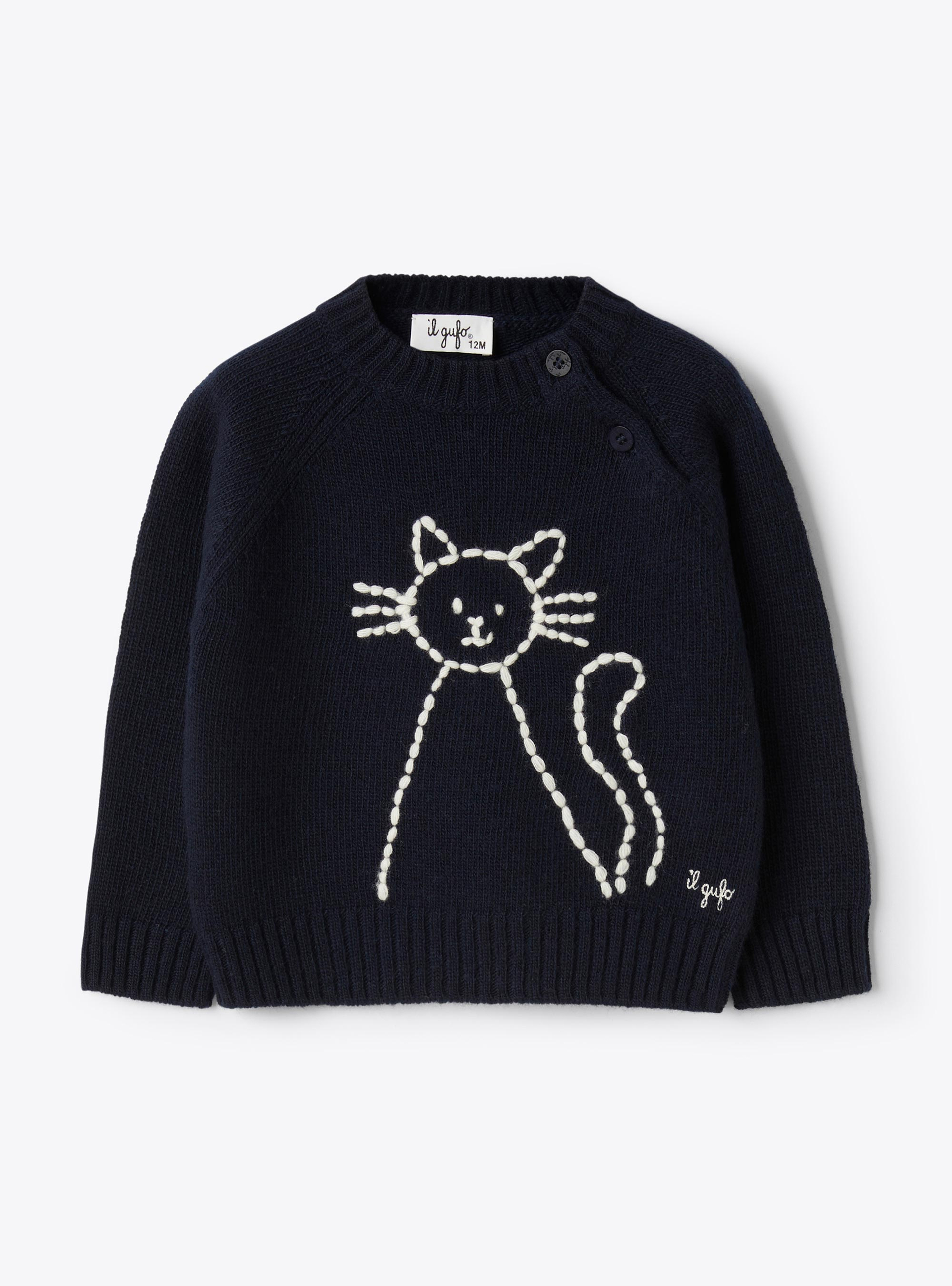 Wool sweater with cat embroidery - Blue | Il Gufo