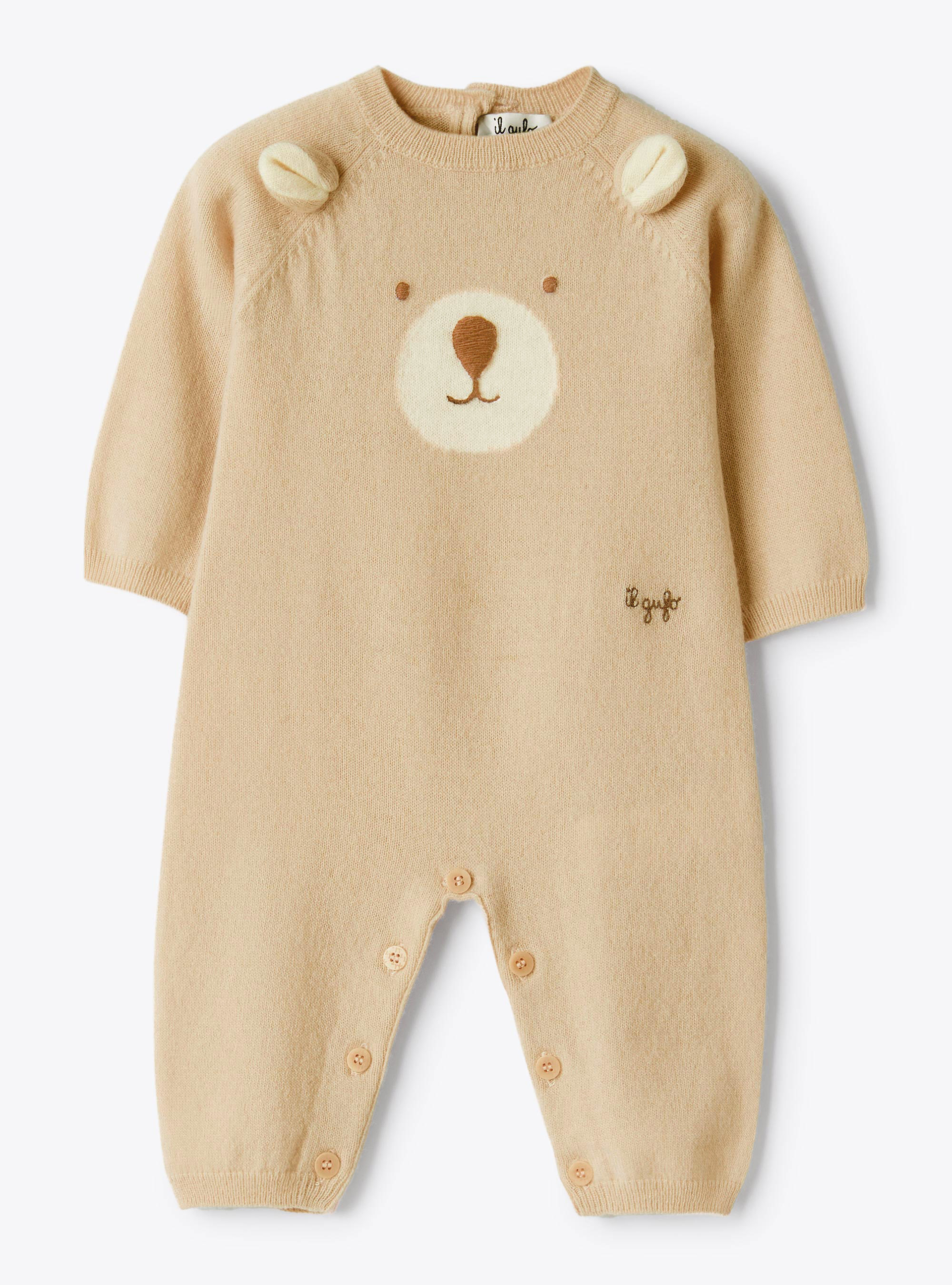 Combinaison en laine mérinos avec ours - Beige | Il Gufo