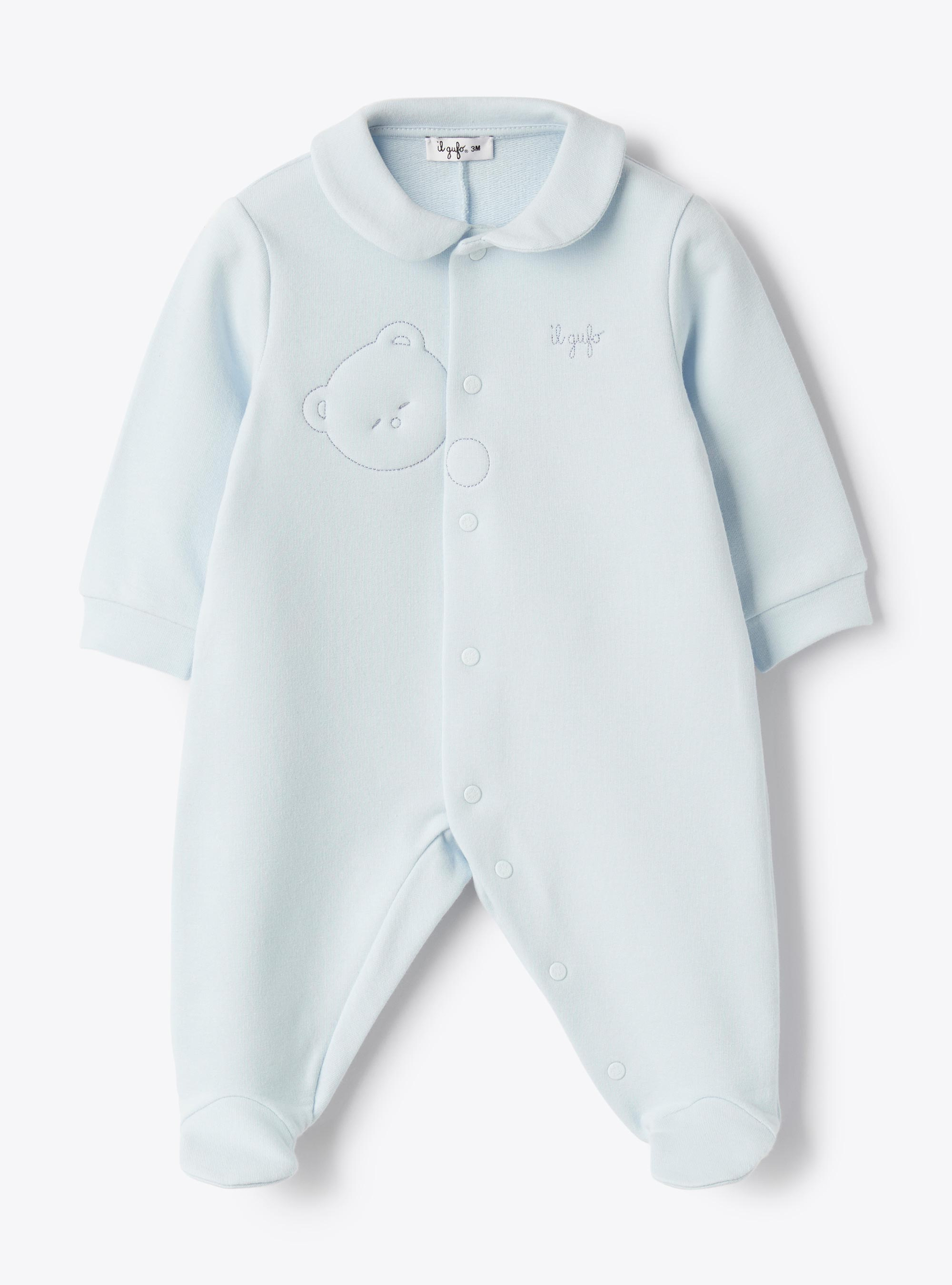 Stretch cotton fleece jumpsuit with littlebear - Light blue | Il Gufo