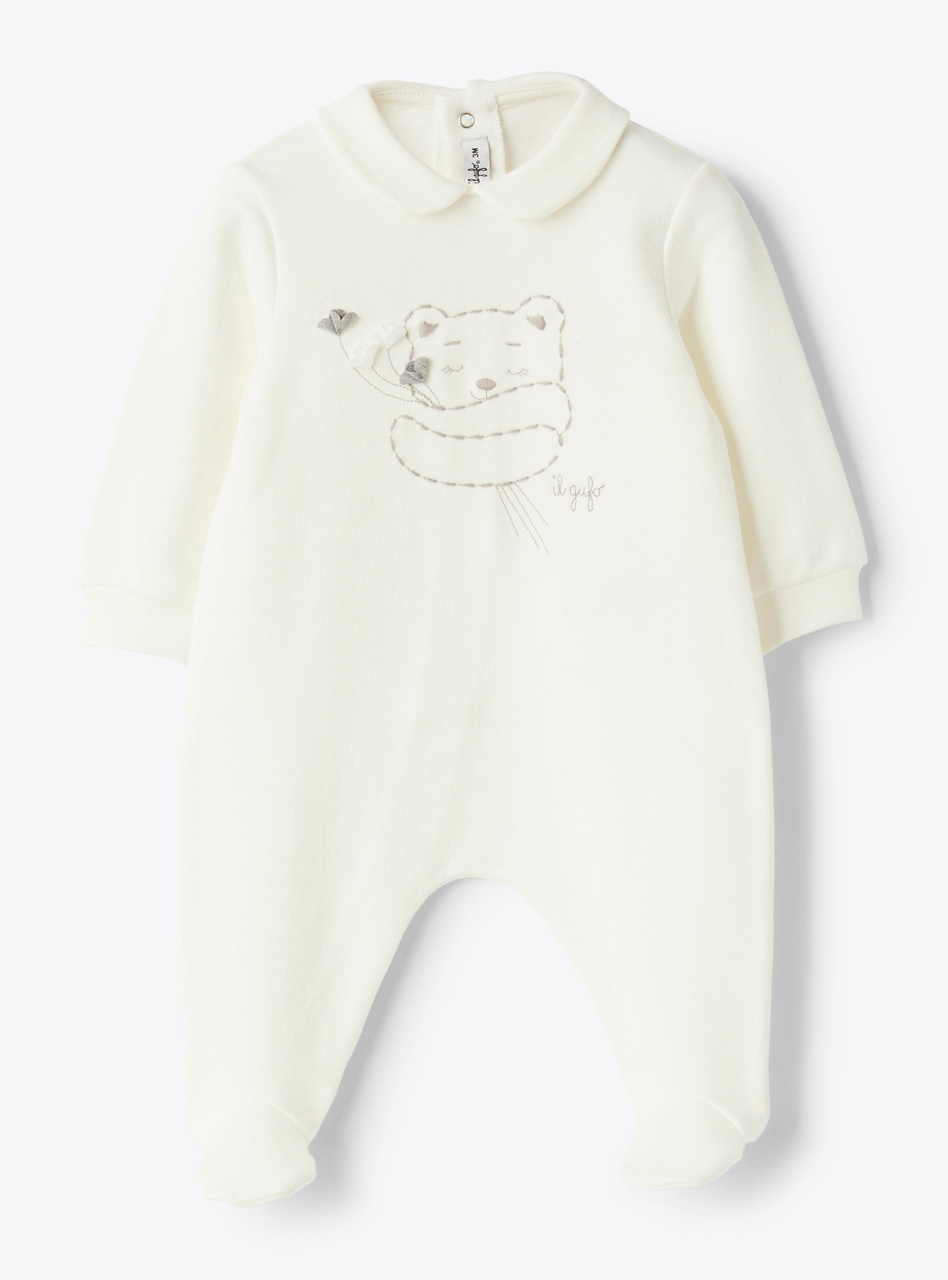Stretch cotton fleece jumpsuit  with embroidered details - White | Il Gufo