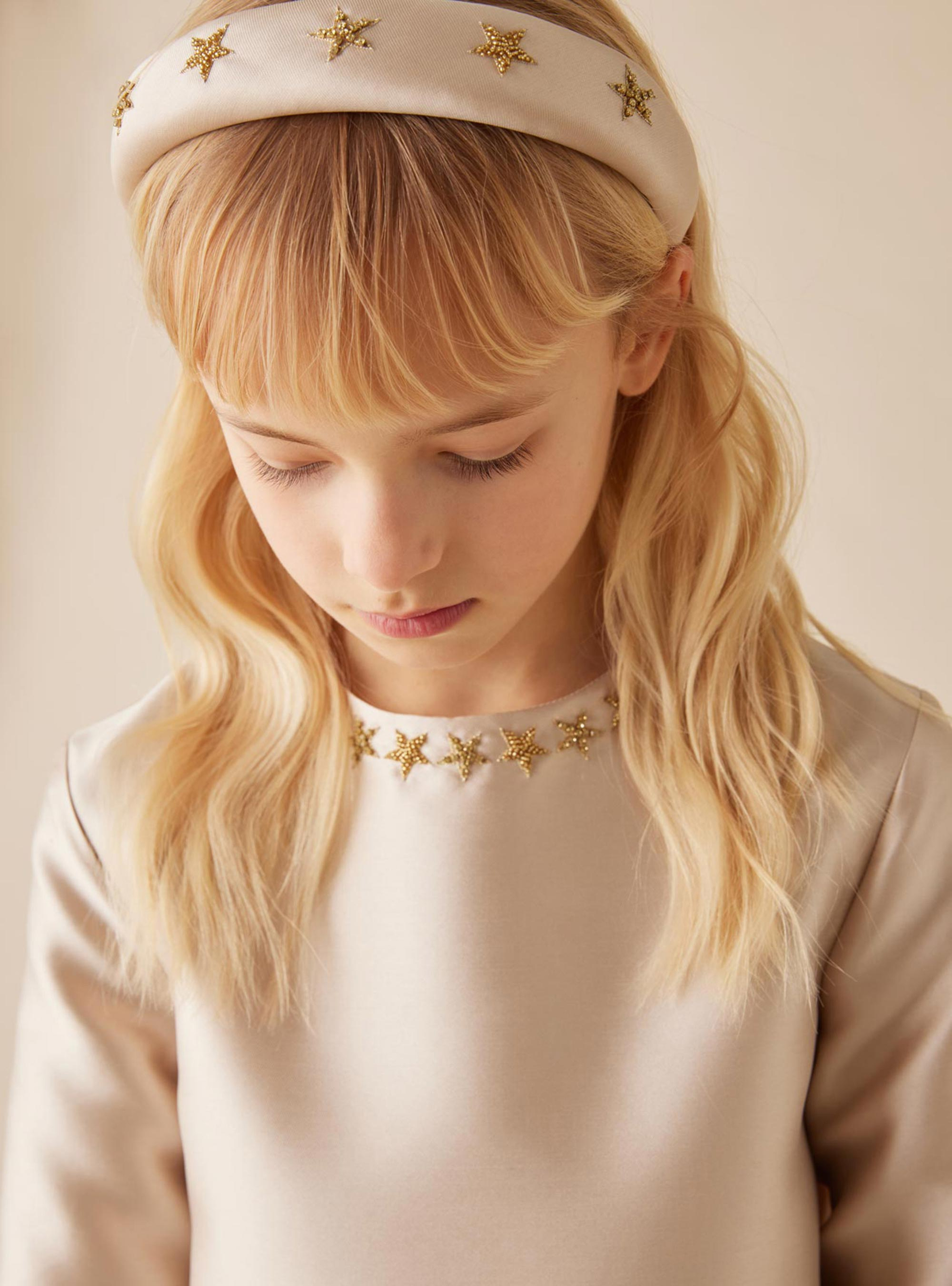 Mikado dress with star embroidery - Beige | Il Gufo