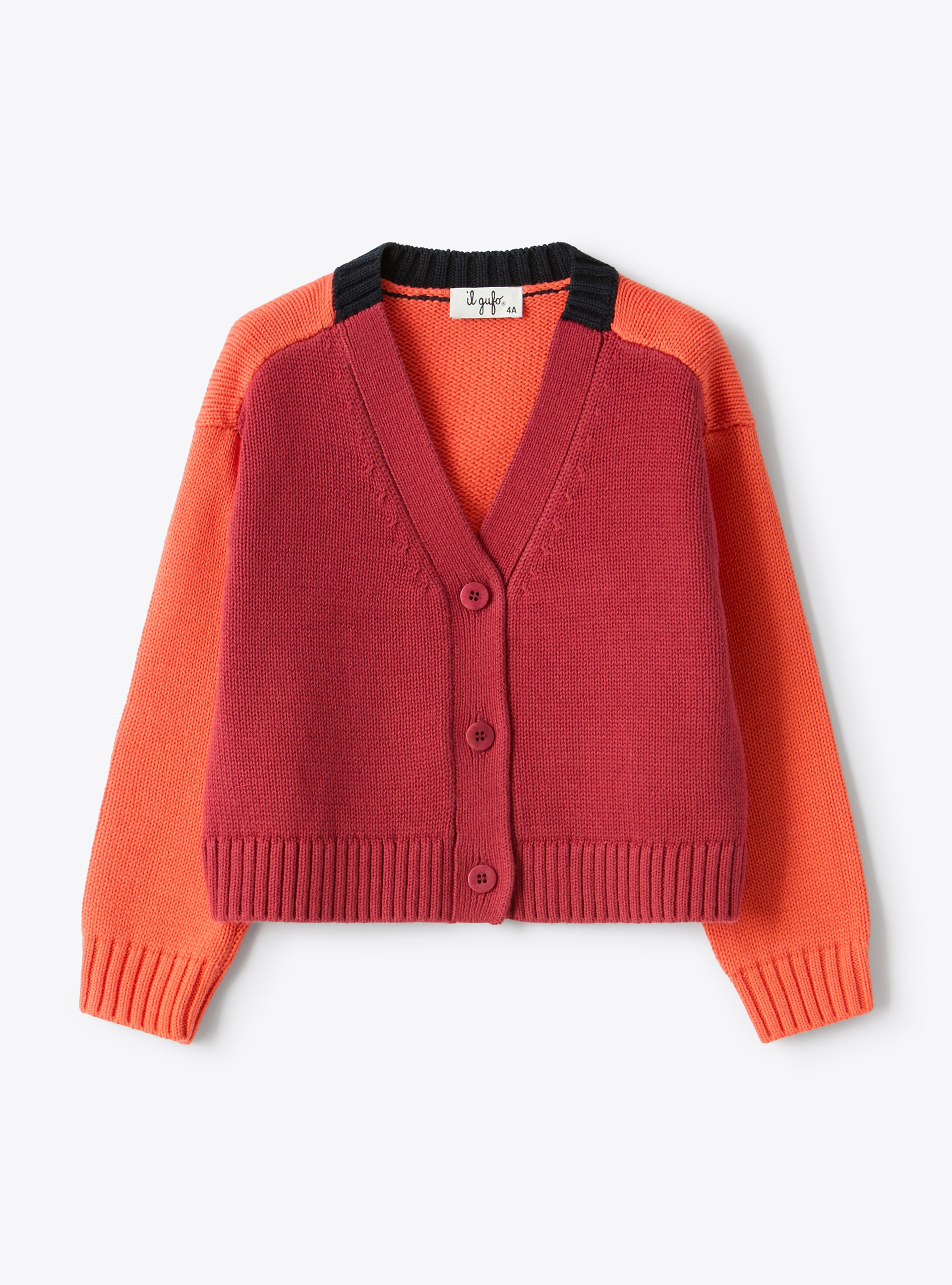 Cardigan in cotone organico color block - Rosso | Il Gufo