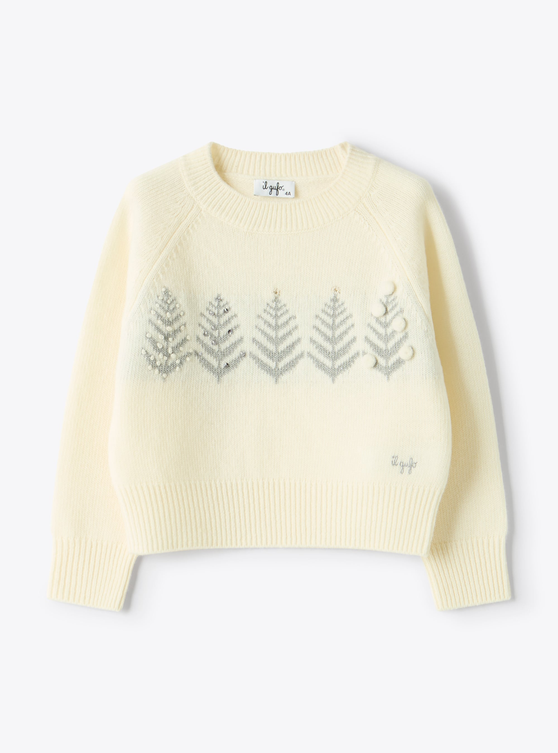 Wool sweater with embroidery and rhinestones - White | Il Gufo