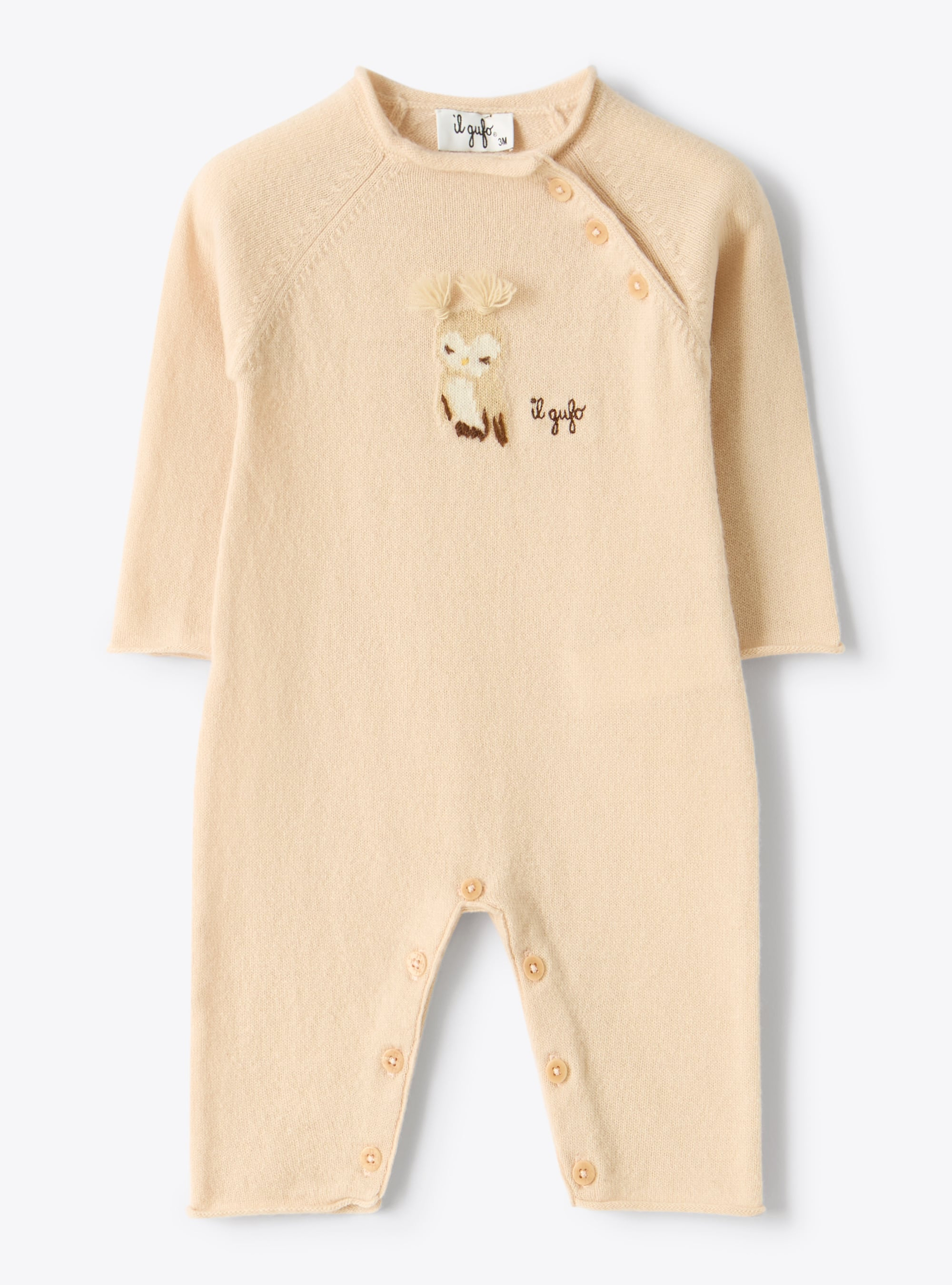 Merino wool onesie with an owl design - Pink | Il Gufo