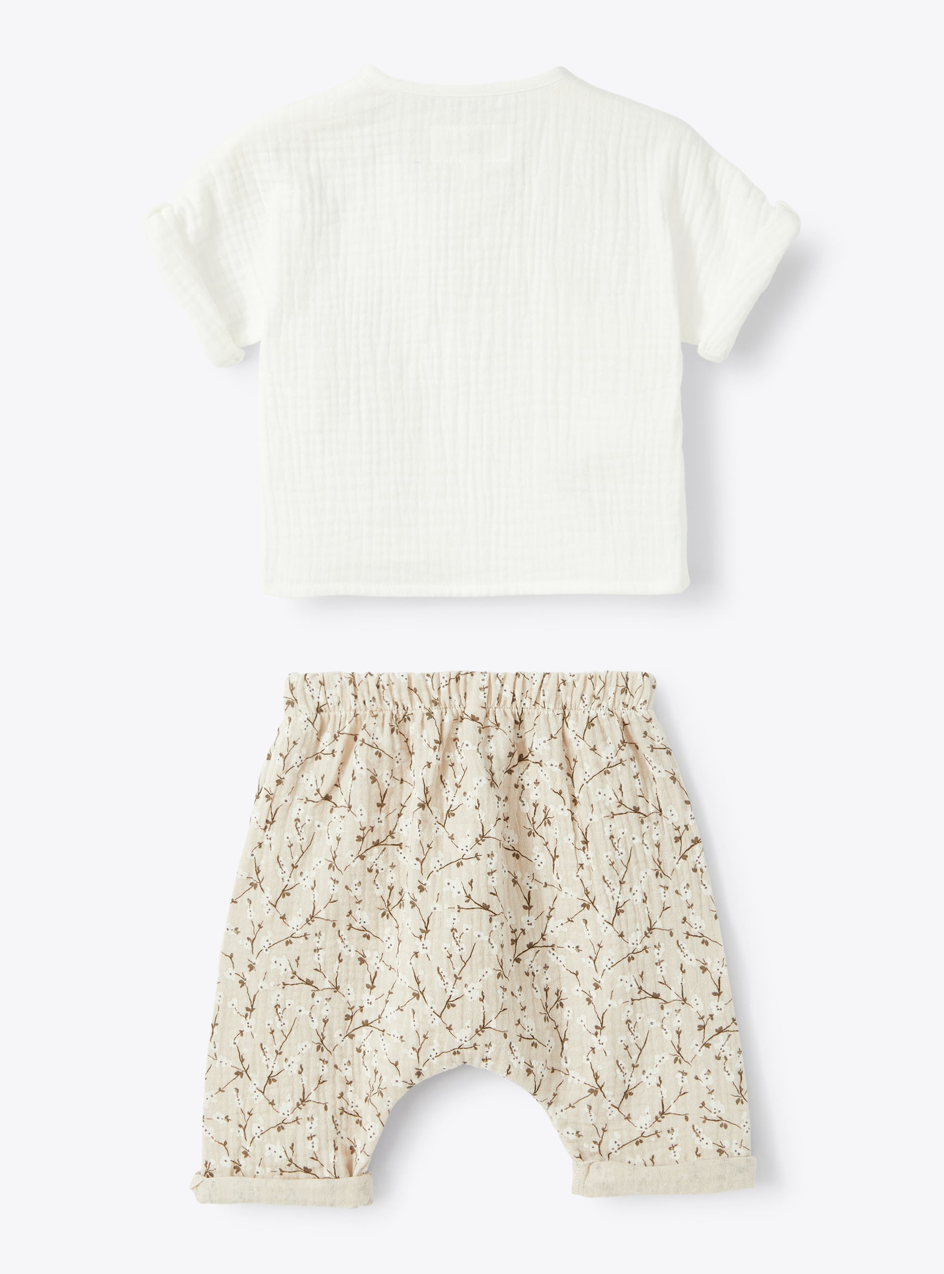 Two-piece set in gauze with floral-patterned trousers - White | Il Gufo