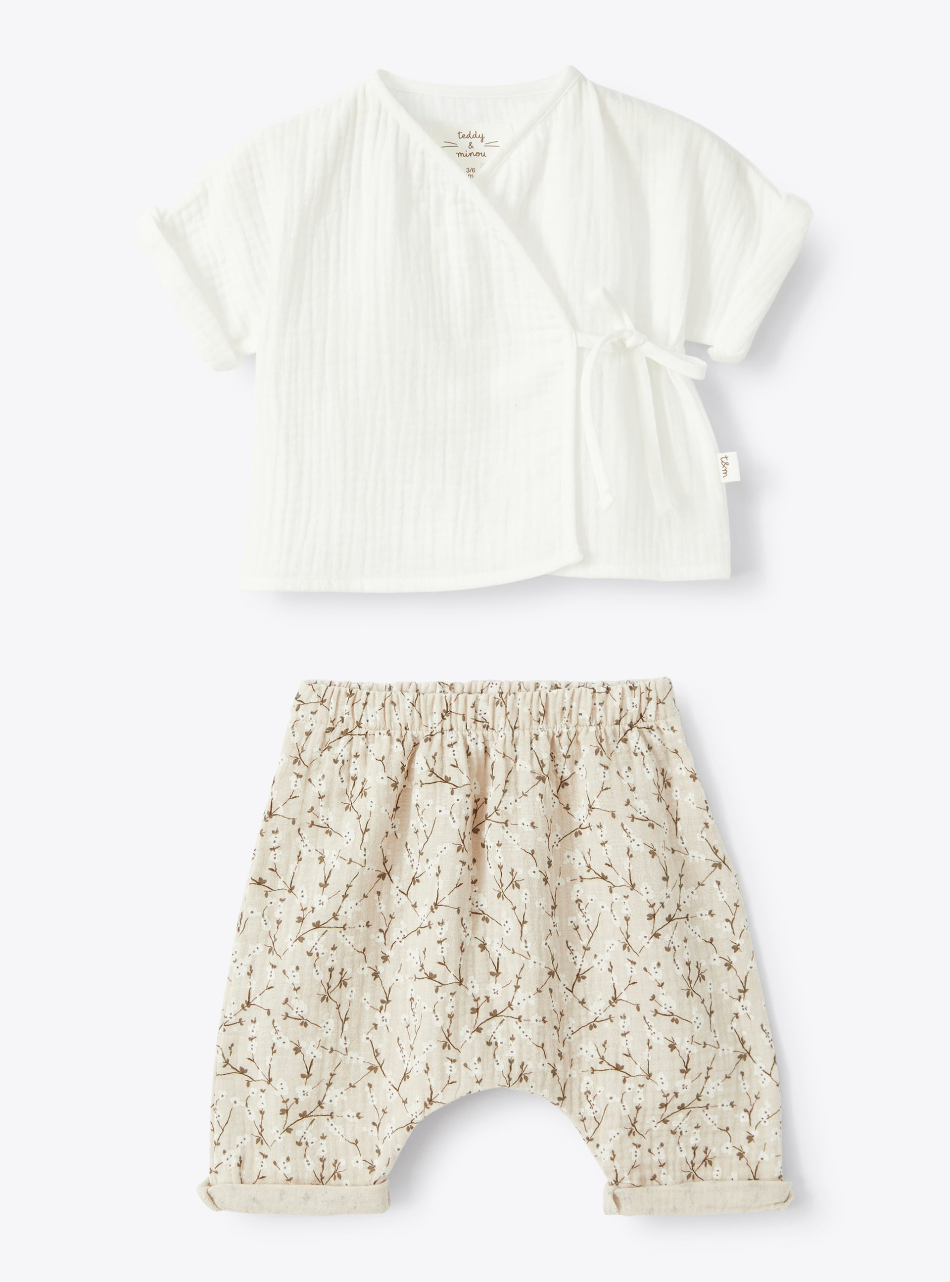 Two-piece set in gauze with floral-patterned trousers - White | Il Gufo
