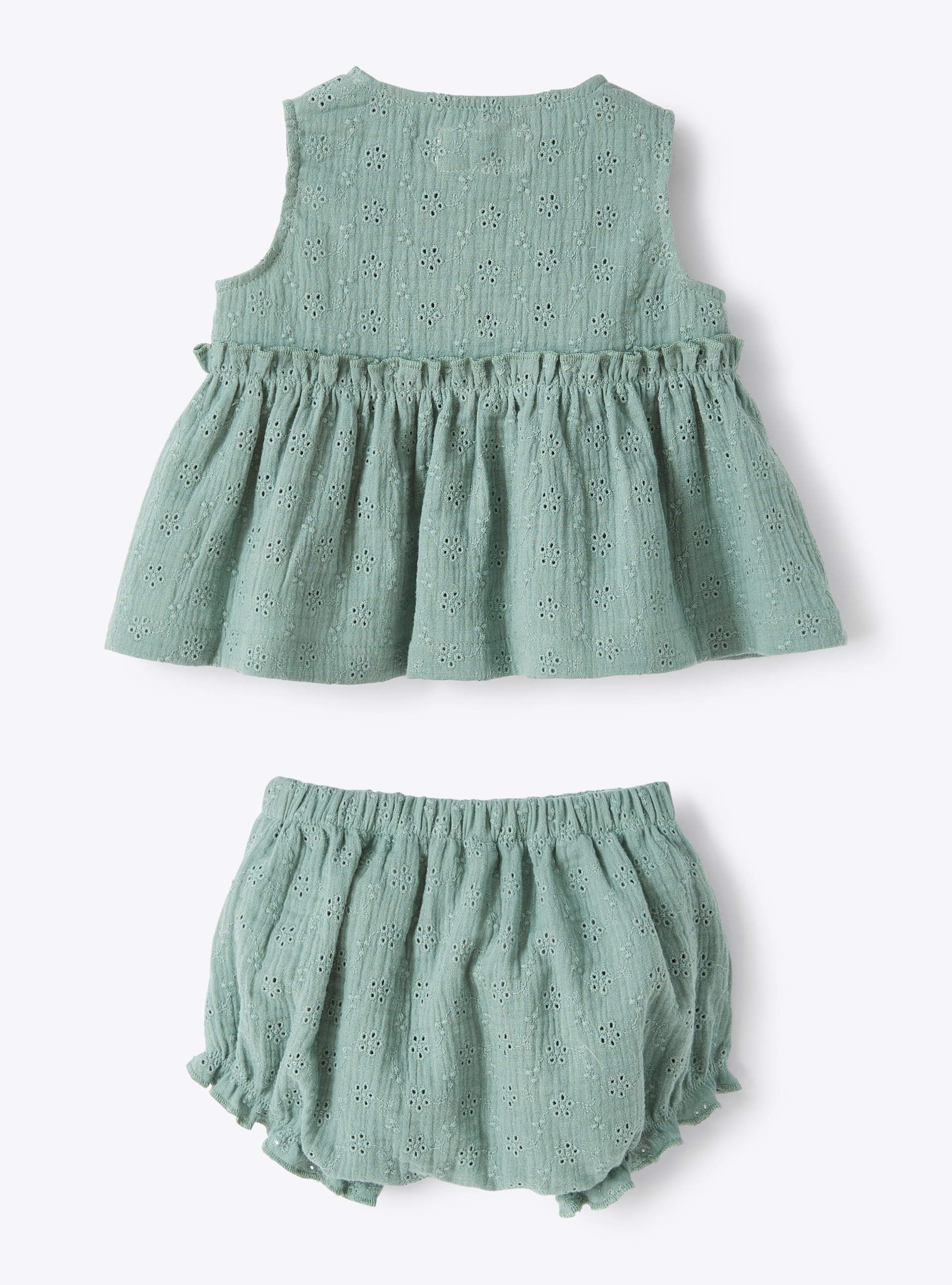 Two-piece set in sage-green broderie anglaise - Green | Il Gufo