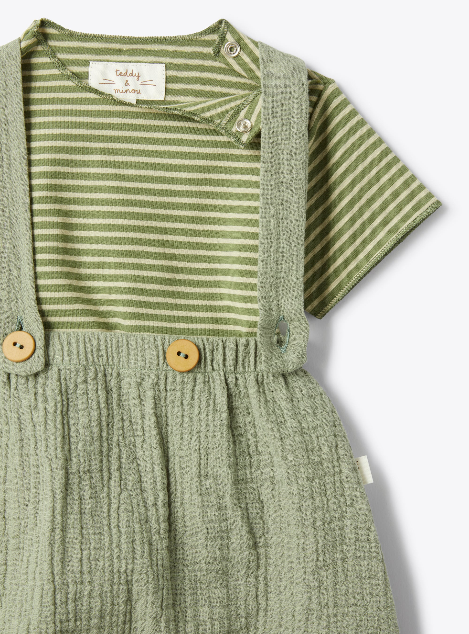 Striped jersey and gauze overall set - Green | Il Gufo