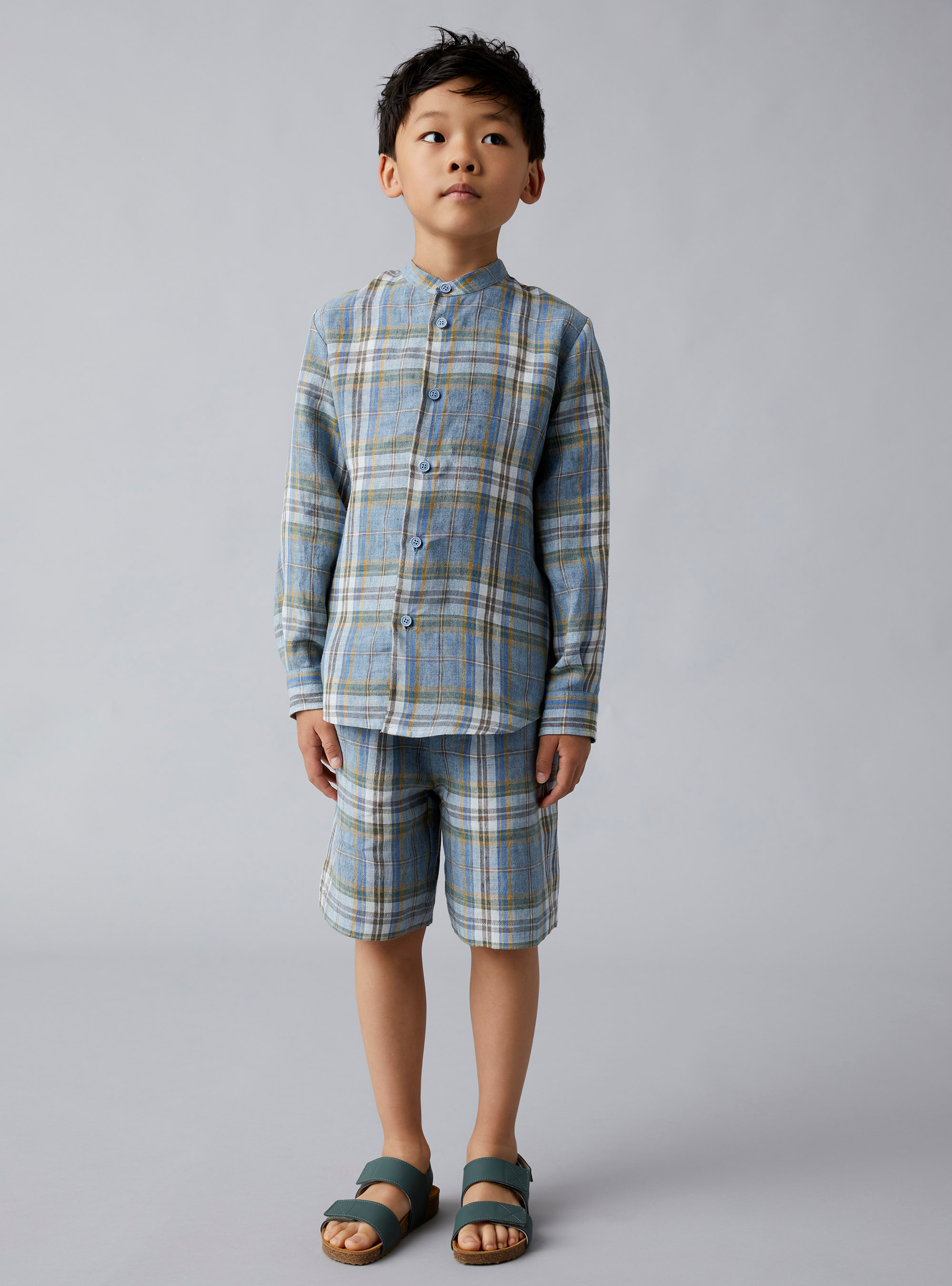 Mandarin-collar shirt in madras-patterned linen  - Beige | Il Gufo