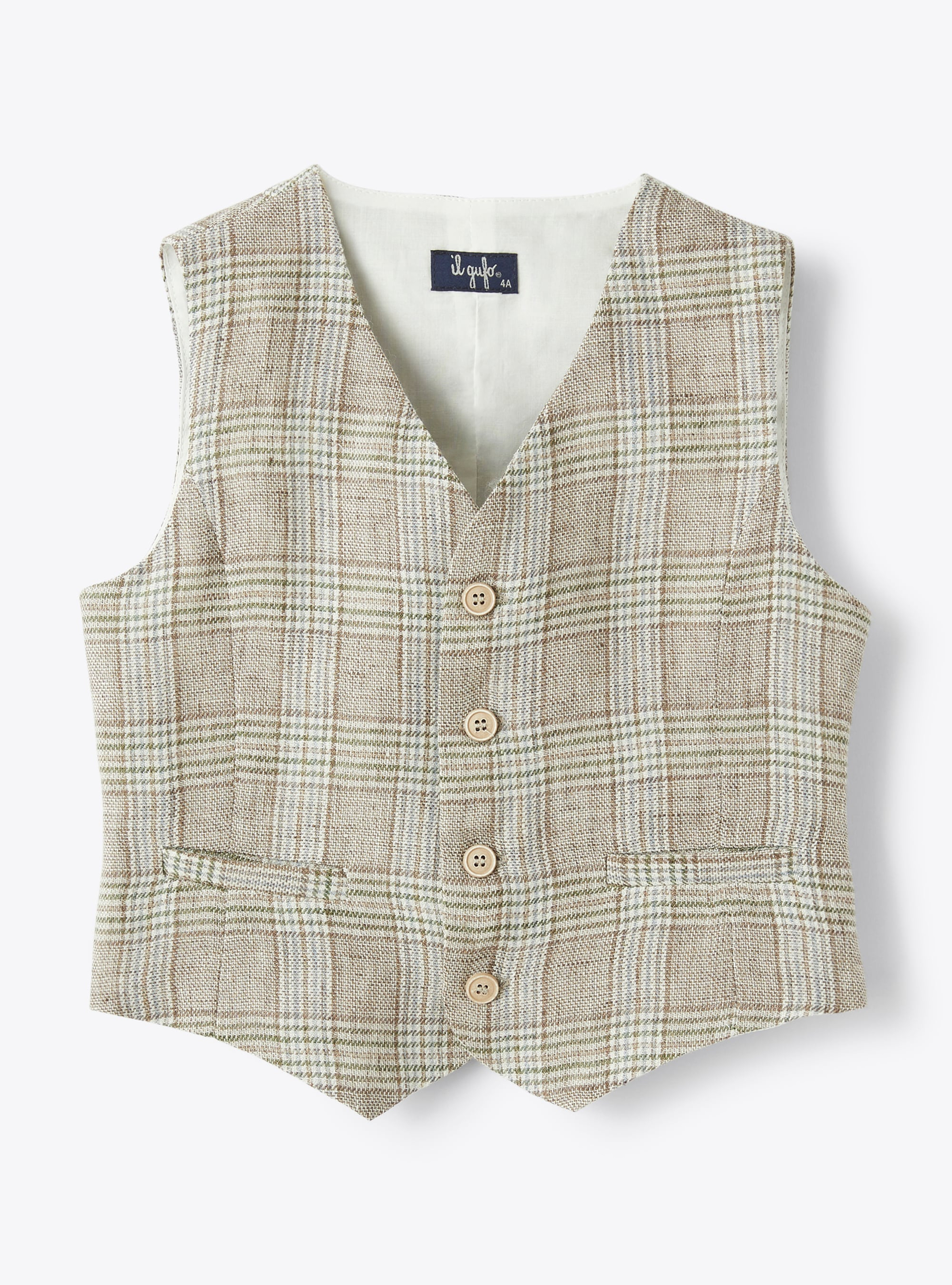 Waistcoat in Glen-checked 100% linen - Brown | Il Gufo