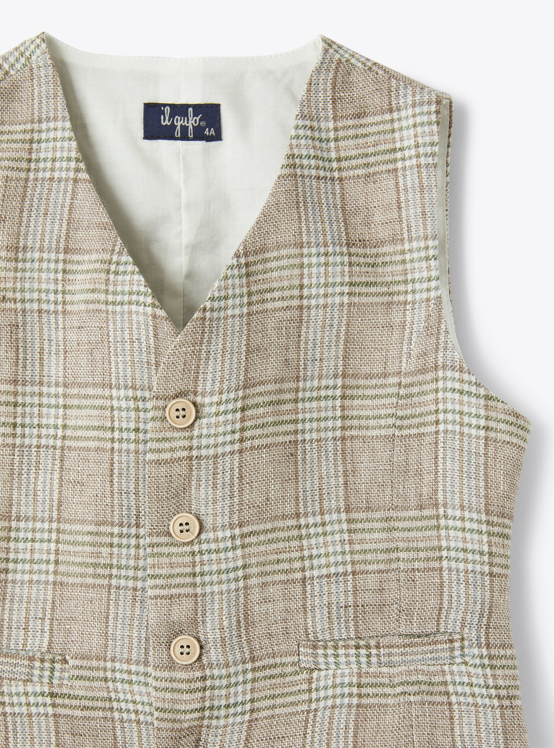 Waistcoat in Glen-checked 100% linen - Brown | Il Gufo