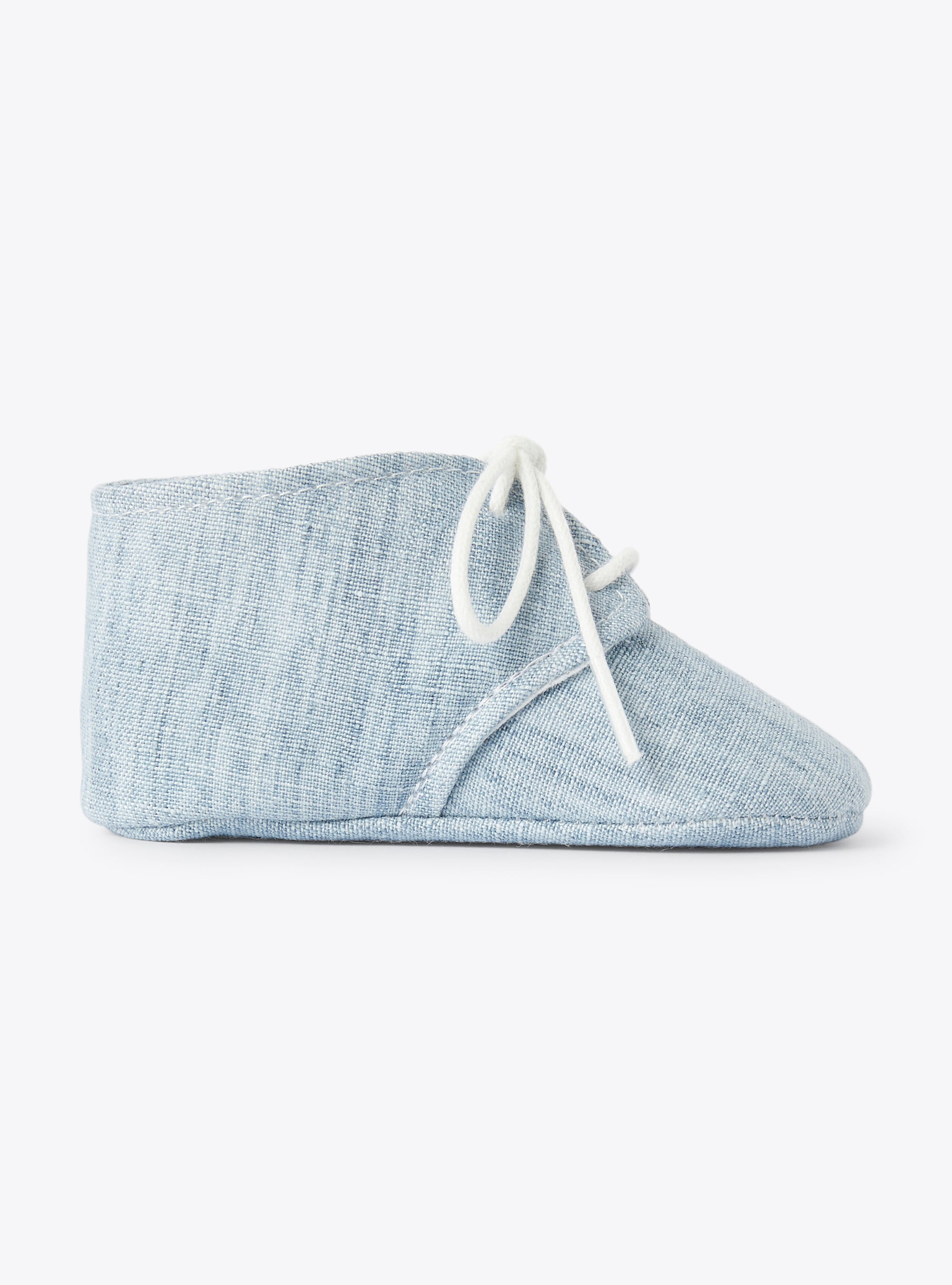 Booties for baby boys in sky-blue linen - Light blue | Il Gufo