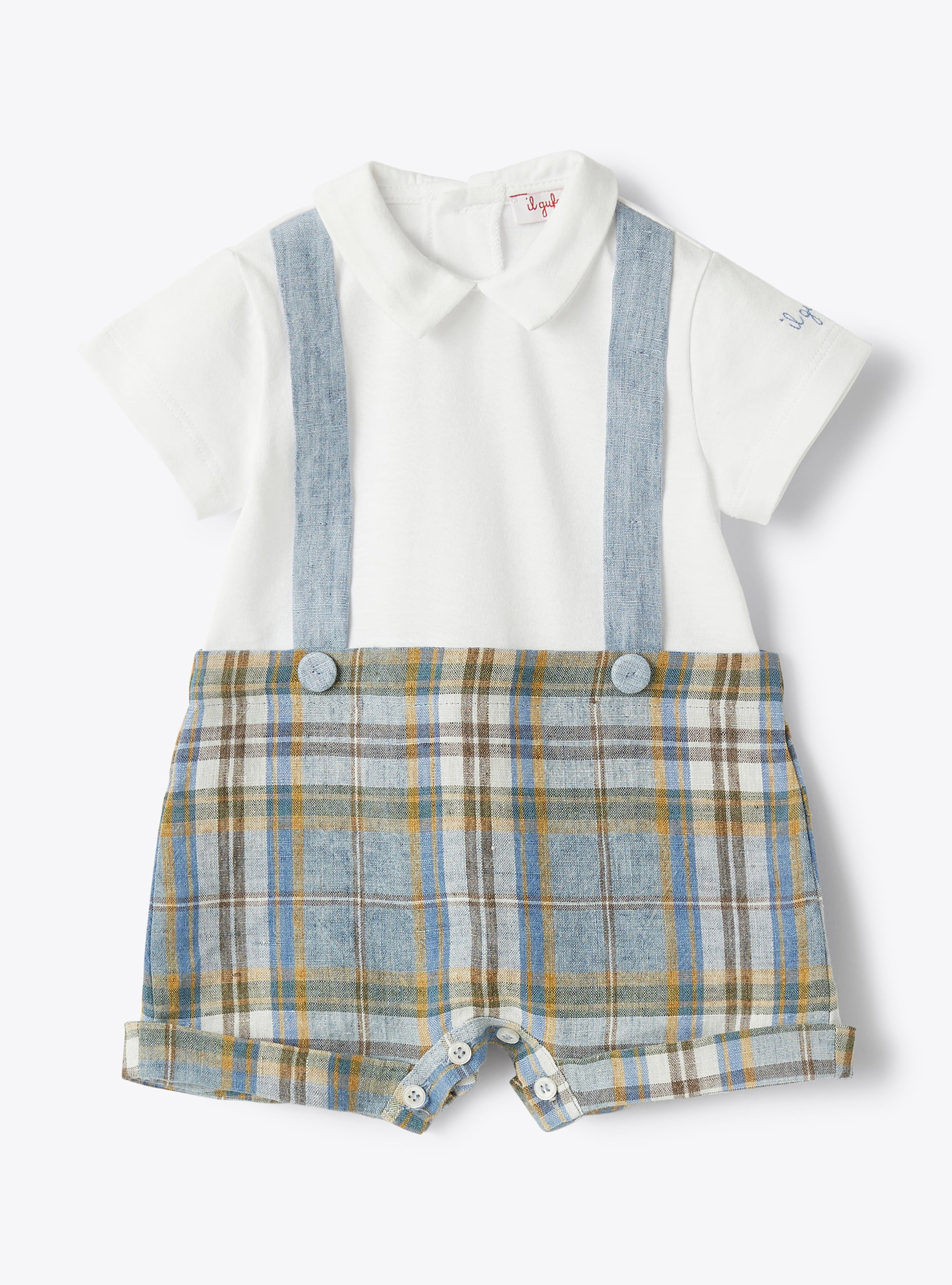 Short Madras-linen babysuit in two different materials - Babygrows - Il Gufo