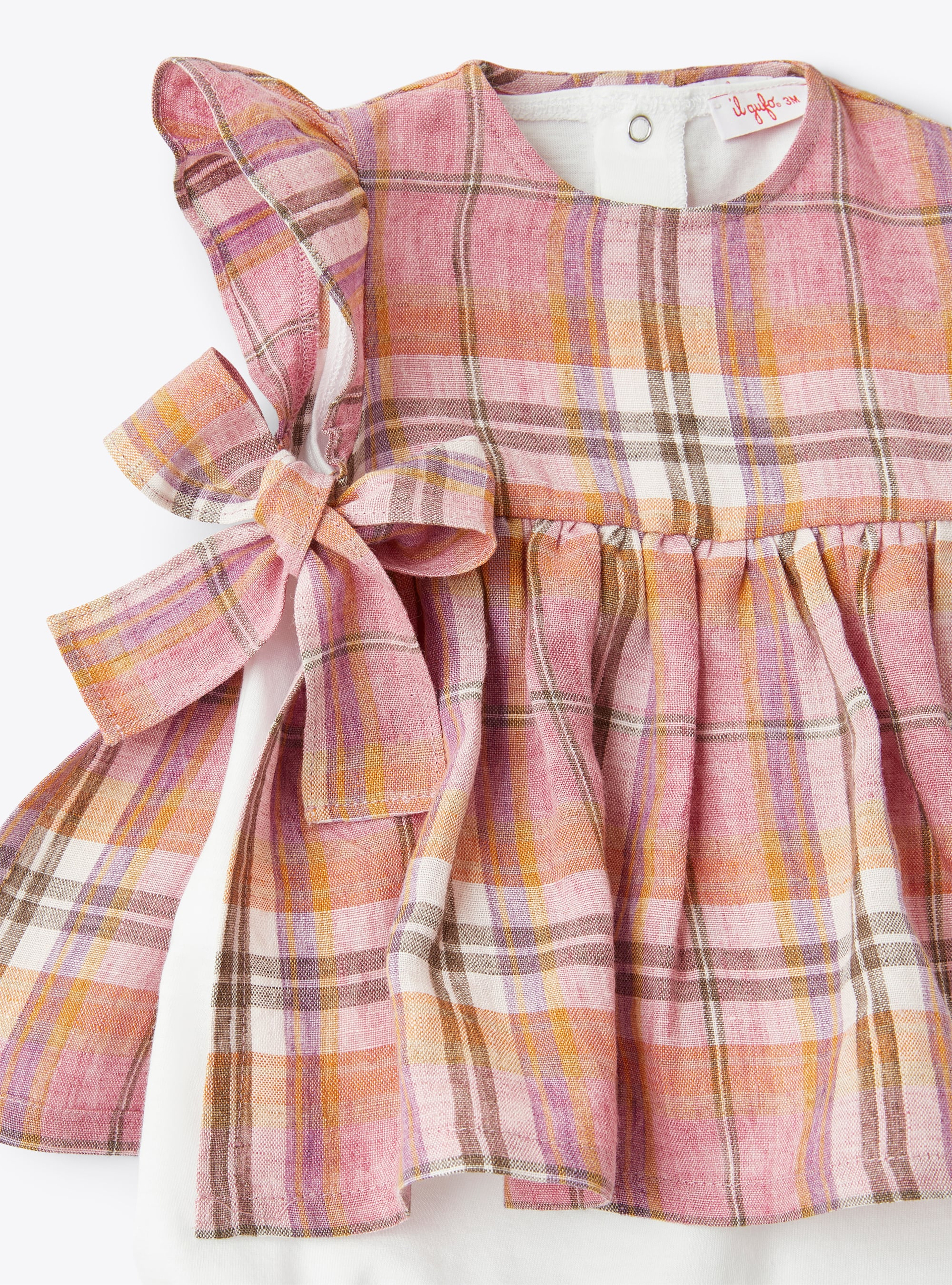 Short babysuit with Madras-checked linen detail - Violet | Il Gufo