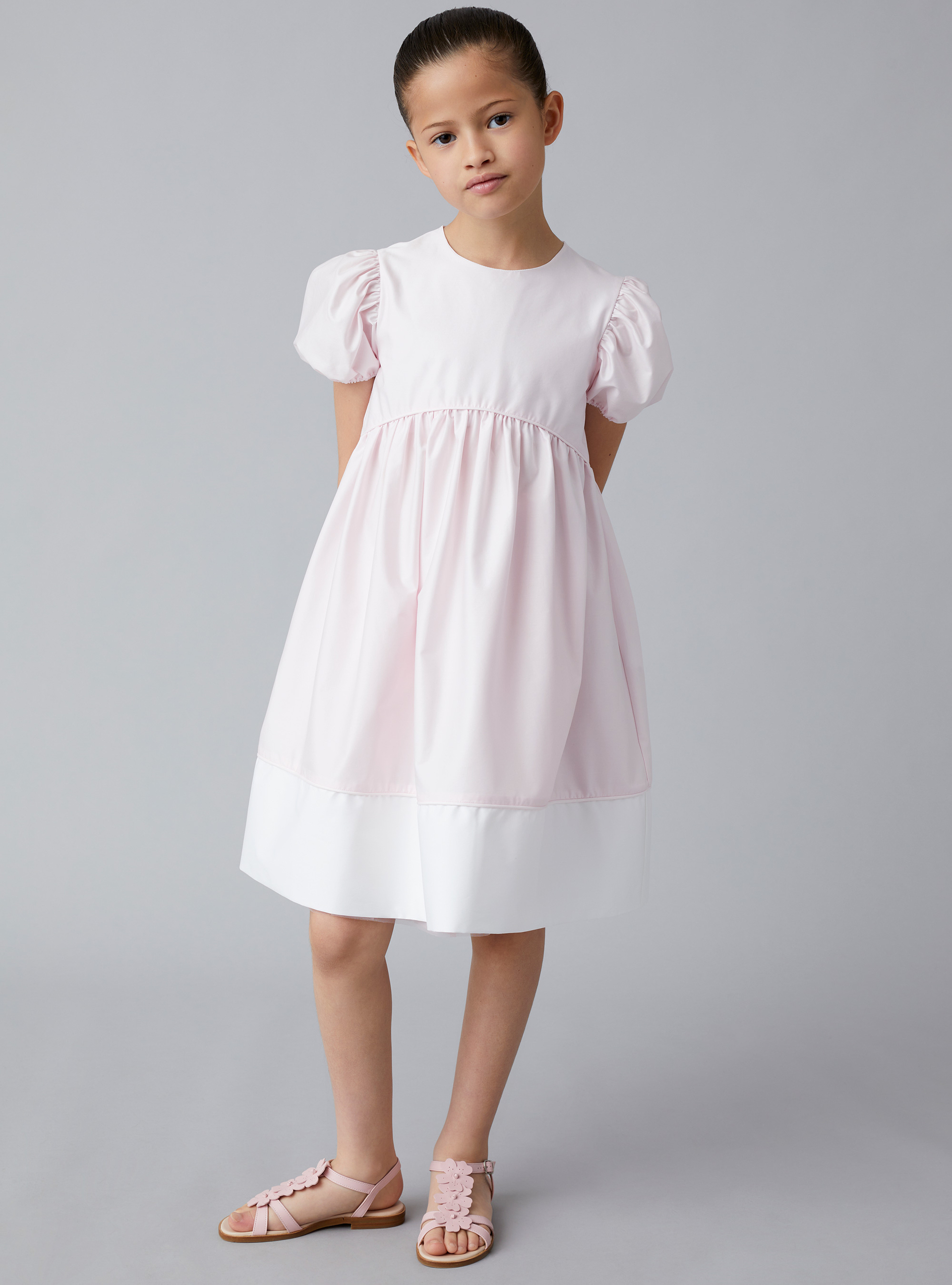 Short-sleeve dress in pink-&-white stretch poplin - White | Il Gufo