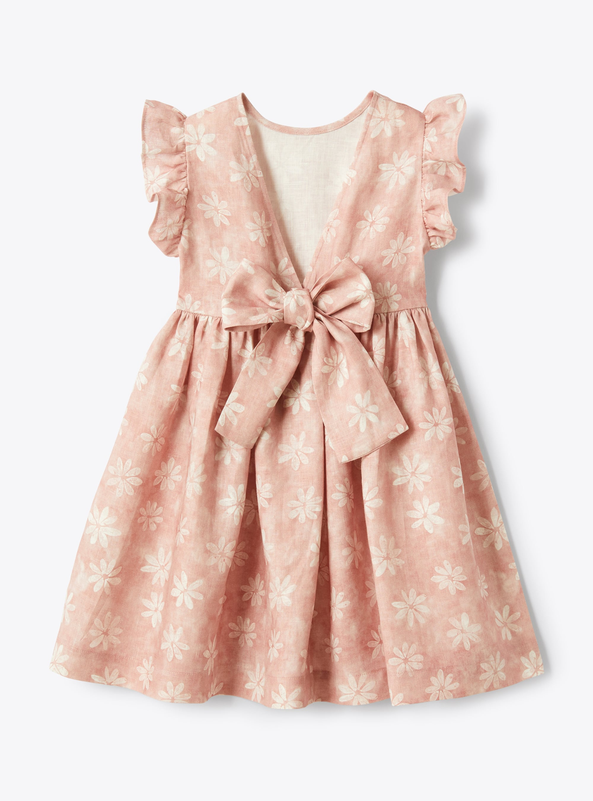 Floral linen dress enhanced by a bow - Pink | Il Gufo