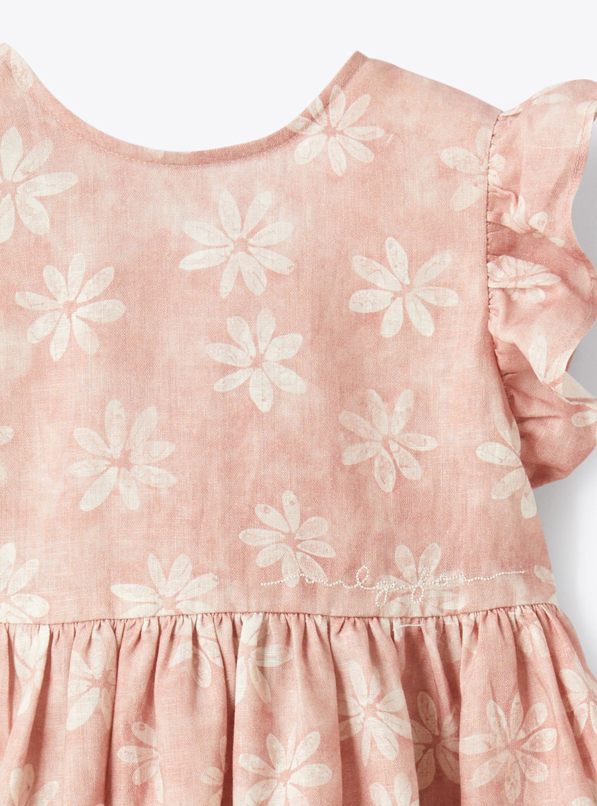 Floral linen dress enhanced by a bow - Pink | Il Gufo