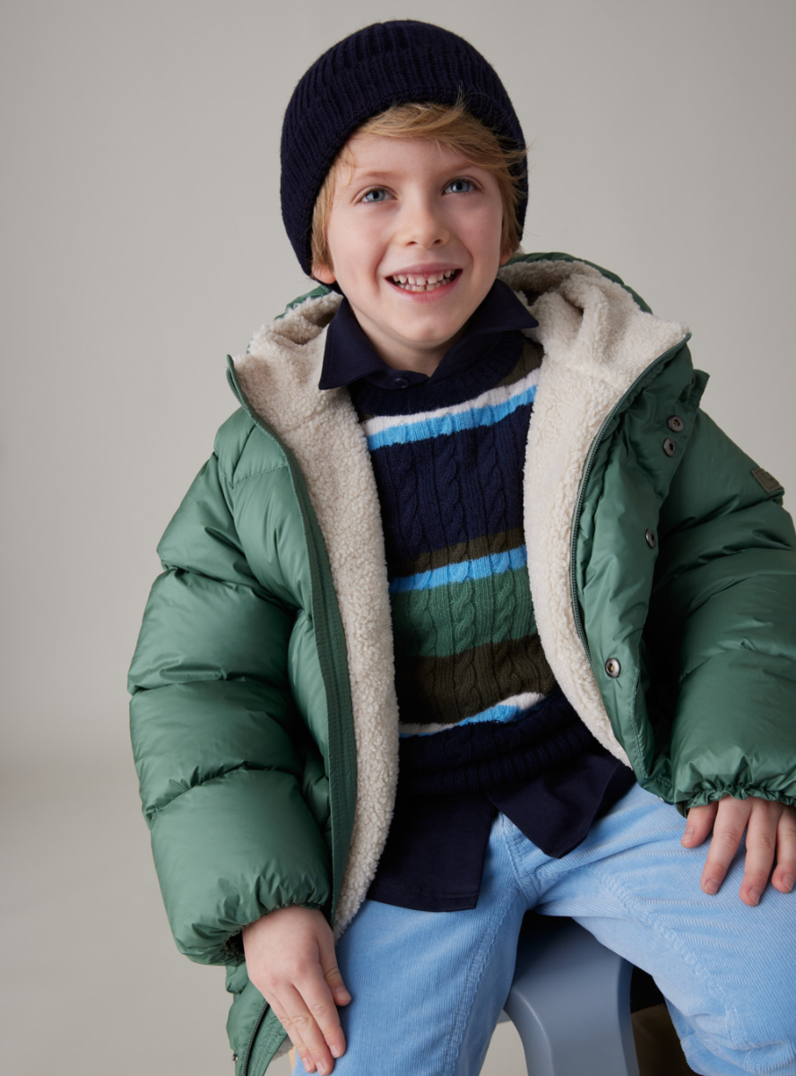 Cable-knit merino sweater with multicoloured stripes - Blue | Il Gufo