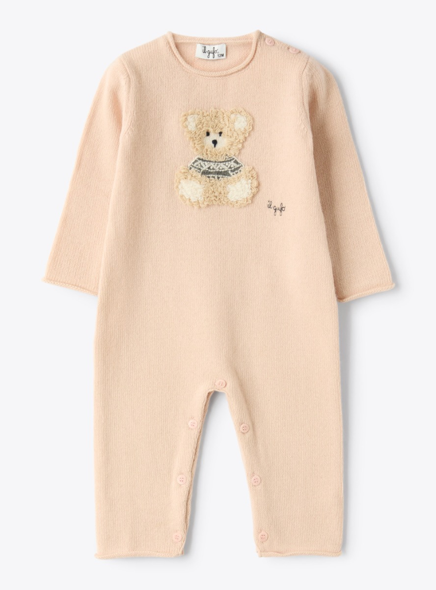 Merino wool jumpsuit with bear - Pink | Il Gufo