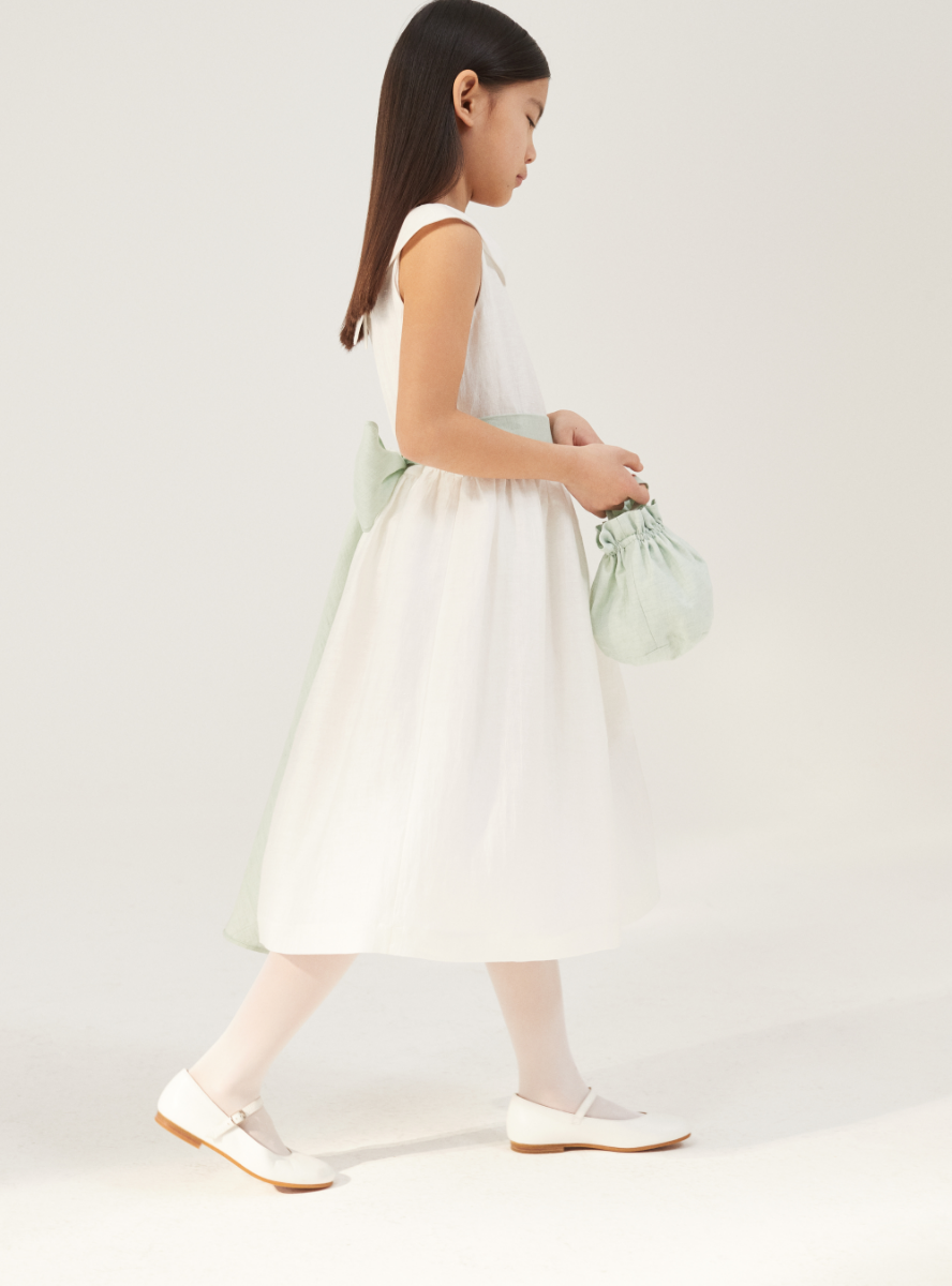 Dress in linen shantung with green belt - White | Il Gufo