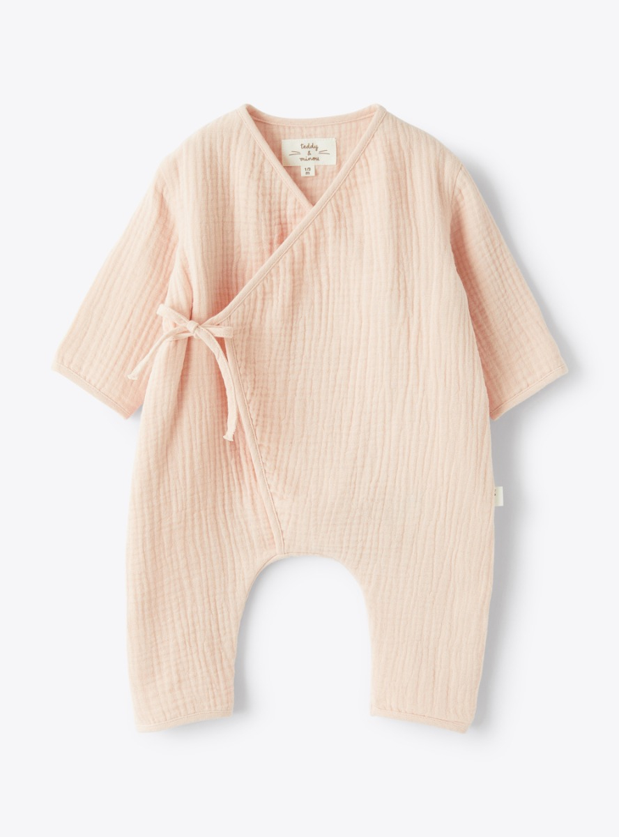 Kimono-style jumpsuit in organic gauze - Pink | Il Gufo