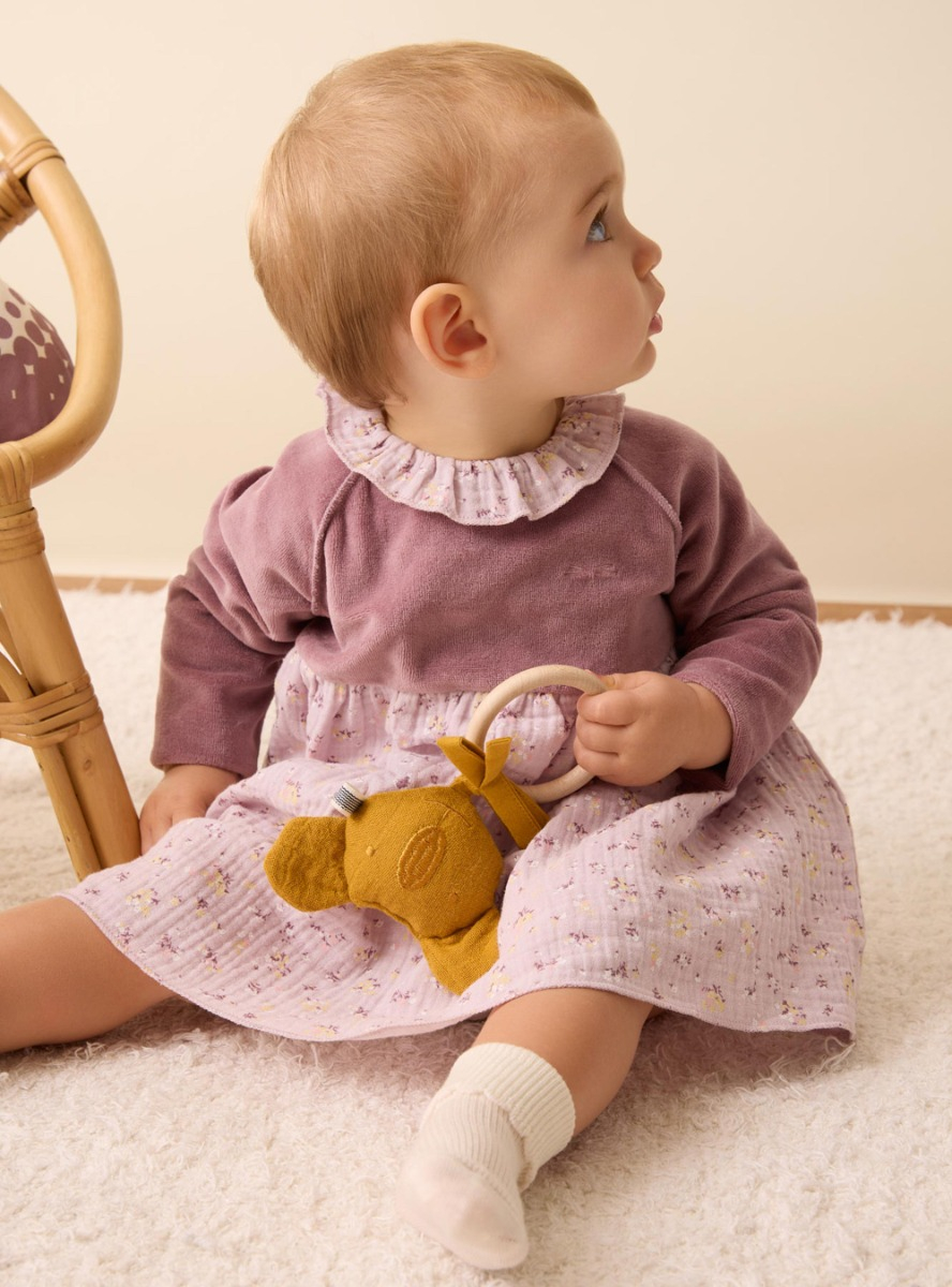 Chenille and organic gauze dress - Violet | Il Gufo