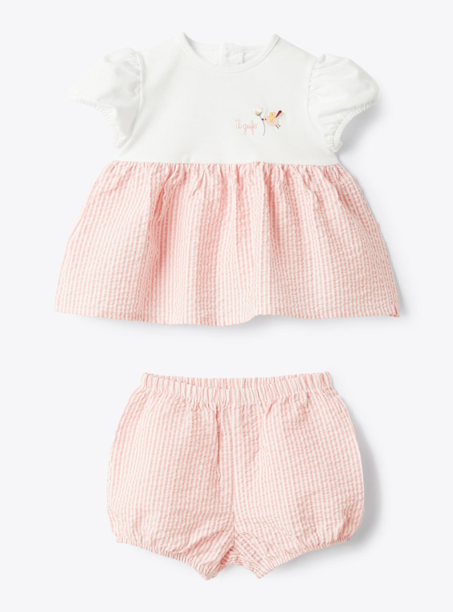 Jersey and seersucker baby set - Pink | Il Gufo