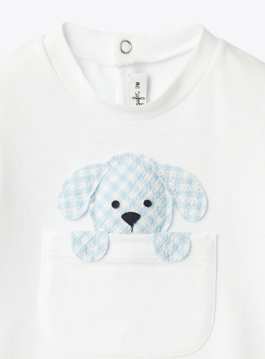 Seersucker romper with a puppy print - White | Il Gufo