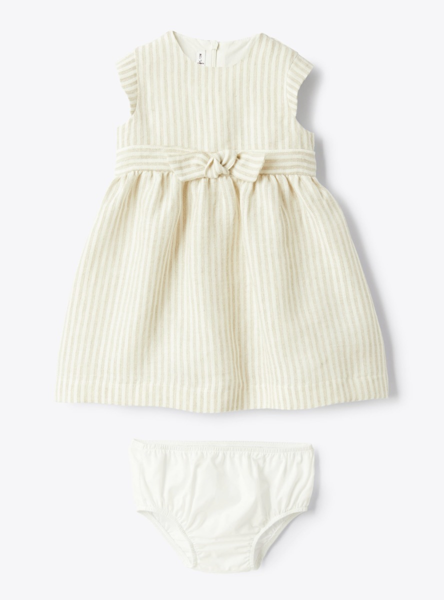 Striped linen dress with belt - Brown | Il Gufo