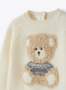 White wool sweater with teddy bear - White | Il Gufo