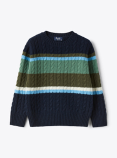 Cable-knit merino sweater with multicoloured stripes - Blue | Il Gufo