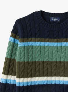 Cable-knit merino sweater with multicoloured stripes - Blue | Il Gufo
