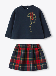 Stretch cotton fleece and techno-wool tartan set - Blue | Il Gufo