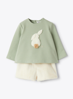 Stretch cotton fleece and eco-fur set - Green | Il Gufo