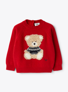Wool sweater with emroidered bear - Red | Il Gufo