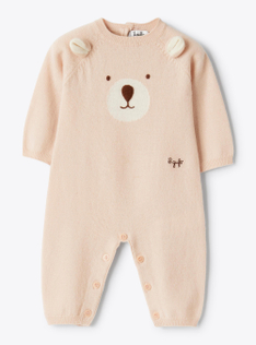 Merino wool jumpsuit with bear - Pink | Il Gufo