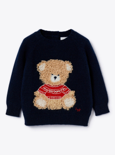 Wool sweater with a teddy bear design - Blue | Il Gufo