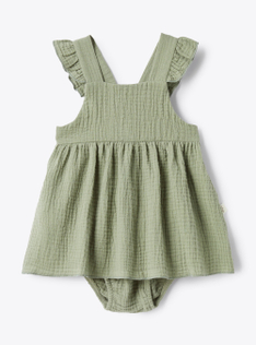 Kleid mit Rüschen aus Bio-Musselin - Grün | Il Gufo