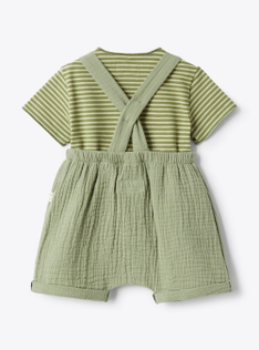 Striped jersey and gauze overall set - Green | Il Gufo