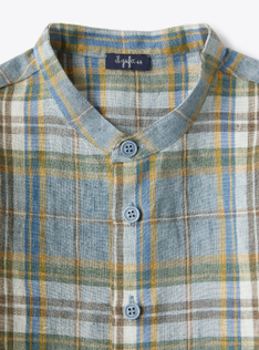 Mandarin-collar shirt in madras-patterned linen  - Beige | Il Gufo