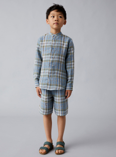 Mandarin-collar shirt in madras-patterned linen  - Beige | Il Gufo