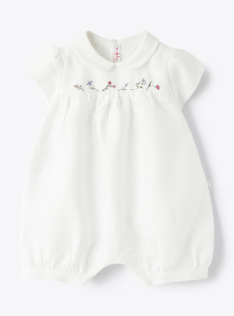 Romper suit in linen with floral embroidery - White | Il Gufo