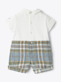 Short Madras-linen babysuit in two different materials - Beige | Il Gufo