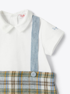 Short Madras-linen babysuit in two different materials - Beige | Il Gufo