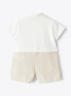 Kurzer Strampler aus zwei Materialien mit gestreiftem Seersucker - Beige | Il Gufo