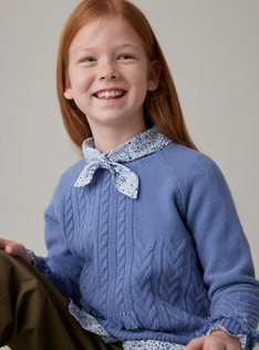 Round-neck sweater with cable patterning and fringed details - Light blue | Il Gufo